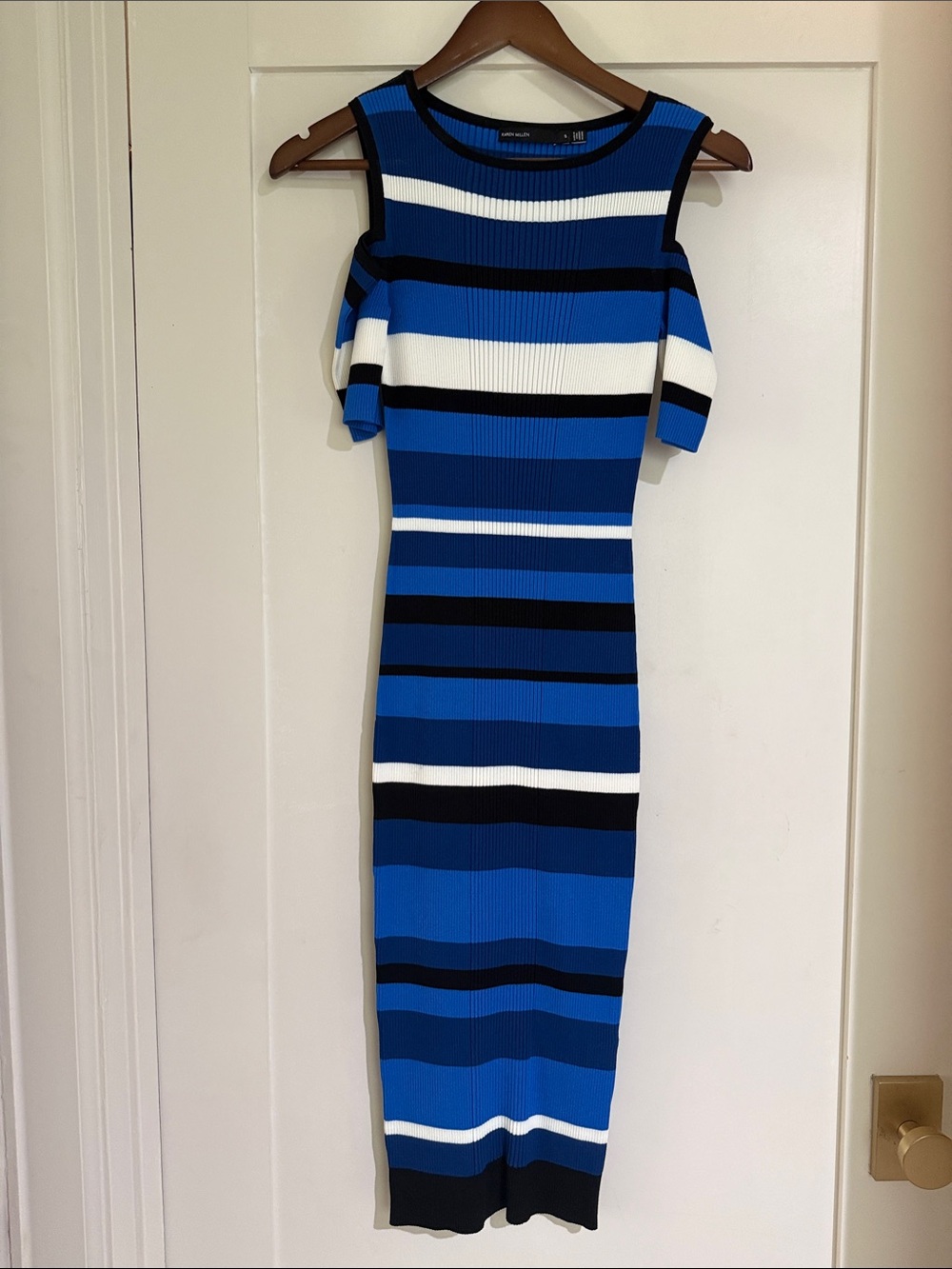 Karen Millen Blue, Black and White Striped Cold-Shoulder Midi Dress